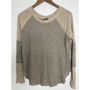 Earthbound Trading Co Wm Sm Tan Black Waffle Knit Raglan Cottage‎ Boho Lagen Top